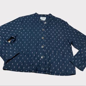 FLAX blue linen top/jacket with beige design. Buttons down the front. medium